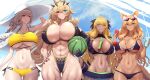  4girls abs absurdres alternate_skin_color animal_ears ass_visible_through_thighs bare_shoulders barghest_(fate) bikini black_bikini blonde_hair blue_sky blush breasts candy cellphone cleavage collarbone commentary_request cup dark-skinned_female dark_skin dragon_girl dragon_horns dragon_tail eyewear_on_head facial_mark fairy_knight_gawain_(ice_warrior)_(fate) fate/grand_order fate_(series) florence_nightingale_(chaldea_lifesavers)_(fate) florence_nightingale_(fate) folded_ponytail food fox_ears fox_girl fox_tail fruit gauntlets green_eyes hat heterochromia high_ponytail highleg highleg_bikini highres horns huge_breasts jewelry large_breasts lollipop long_hair looking_at_viewer mouth_hold multiple_girls muscular muscular_female navel necklace orange_eyes orange_hair phone pink_hair ponytail purple_bikini red_eyes shiroshisu sidelocks single_gauntlet sky smile sun_hat sunglasses suzuka_gozen_(fate) suzuka_gozen_(heavenly_demon_princess)_(fate) swept_bangs swimsuit tail thick_thighs thigh_gap thighs underboob vritra_(fate) vritra_(ocean_flyer)_(fate) watermelon whistle whistle_around_neck white_headwear yellow_bikini yellow_eyes 