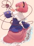  1girl absurdres black_hairband blue_shirt blush collared_shirt eyeball frilled_shirt_collar frilled_skirt frills hair_ornament hairband heart heart_hair_ornament highres komeiji_satori long_sleeves pink_eyes pink_hair pink_skirt senzaicha_kasukadoki shirt short_hair signature skirt solo third_eye touhou wide_sleeves 