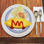  commentary_request food food_focus fork fracoco highres ketchup no_humans omelet omurice original plate signature spoon table tomato 
