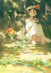  1girl bare_shoulders barefoot black_hair bouquet cable closed_eyes commentary_request dappled_sunlight day dress feet flower grass hair_between_eyes head_wreath highres knees_up long_hair moss orange_flower original outdoors overgrown parted_lips plant potg_(piotegu) signature sitting solo sundress sunlight toes very_long_hair white_dress white_flower 