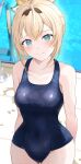  1girl absurdres aqua_eyes bare_shoulders blonde_hair blue_one-piece_swimsuit breasts commentary_request competition_swimsuit covered_navel green_one-piece_swimsuit hair_between_eyes hairband highleg highleg_swimsuit highres hololive kazama_iroha kudoukudokudo large_breasts long_hair looking_at_viewer multicolored_clothes multicolored_swimsuit one-piece_swimsuit open_mouth partial_commentary ponytail short_ponytail solo swimsuit thighs trembling two-tone_swimsuit virtual_youtuber wet 