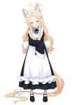 1girl absurdly_long_hair alternate_costume animal_ears apron beko_(beco_1122) bird bird_on_hand black_dress black_footwear blonde_hair blue_archive blue_ribbon bow bright_pupils commentary dress enmaided flower forehead fox_ears frilled_apron frills full_body gradient_eyes hair_bow hair_flower hair_ornament halo head_tilt highres jitome light_blush long-tailed_tit long_hair maid maid_apron maid_headdress mary_janes multicolored_eyes neck_ribbon open_mouth orange_eyes parted_bangs ribbon seia_(blue_archive) shoes simple_background sleeves_past_fingers sleeves_past_wrists smile solo standing tit_(bird) twitter_username very_long_hair very_long_sleeves white_apron white_background white_bow white_flower white_pupils yellow_eyes 