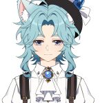  1boy animal_ears blue_eyes cat_boy cat_ears cat_tail genshin_impact hat highres majunjuu male_focus mole mole_under_eye original shirt simple_background solo suspenders tail top_hat vision_(genshin_impact) white_background white_shirt 