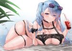  1girl absurdres artery_gear artery_gear:_fusion bikini blue_eyes blue_hair blush bottle breasts camouflage camouflage_bikini cleavage collarbone curvy deogho_(liujinzy9854) drinking_straw earrings eyewear_on_head hair_between_eyes hair_over_one_eye hand_on_own_chest hearin_(artery_gear) highres holding holding_bottle jewelry large_breasts long_hair looking_at_viewer lying navel on_side outdoors parted_lips partially_submerged plant skindentation soda_bottle swimsuit thigh_strap thighs tinted_eyewear water water_drop wet 