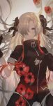  1girl absurdres anemone_(flower) asymmetrical_sleeves black_coat black_flower black_gloves blue_eyes coat expressionless fingerless_gloves floating_hair flower gloves grey_background grey_hair hair_flower hair_ornament hair_over_one_eye highres isekai_joucho kamitsubaki_studio kiduki long_hair looking_at_viewer multicolored_hair parted_lips red_hair solo two-tone_hair uneven_sleeves upper_body very_long_hair virtual_youtuber 