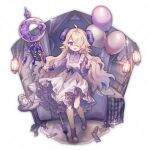  1girl :d ahoge alarm_clock apron balloon bed blonde_hair book bookshelf canopy_bed clock closed_mouth commentary crescent crossed_bangs curled_horns dress faux_figurine frilled_apron frills full_body grey_footwear grey_horns hair_over_one_eye hand_up holding holding_balloon holding_staff horns lantern long_hair long_sleeves looking_at_viewer neoki_ohae nightstand one_eye_covered open_mouth original puffy_long_sleeves puffy_sleeves purple_dress purple_eyes purple_horns purple_socks sheep_horns shelf smile socks solo sparkle staff standing standing_on_one_leg striped_horns symbol-only_commentary twitter_username watermark white_apron 