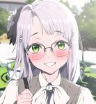  1girl bag blush flower glasses goddess_of_victory:_nikke green_eyes hair_ornament hairclip handbag highres intensify_0 long_hair neon_(bling_bullet)_(nikke) neon_(nikke) official_alternate_costume shirt smile white_flower white_shirt 