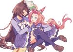  2girls animal_ears blue_eyes book bow bowtie breasts brown_footwear brown_hair eye_contact hand_on_another&#039;s_chin holding holding_book horse_ears horse_girl horse_tail kawakami_princess_(umamusume) kneeling komasawa_(fmn-ppp) long_hair long_sleeves looking_at_another looking_at_viewer multiple_girls open_book open_mouth parted_bangs purple_shirt purple_skirt purple_thighhighs red_eyes sailor_collar school_uniform shirt shirt_grab shoes sirius_symboli_(umamusume) sitting skirt small_breasts smile tail tail_through_clothes thighhighs tracen_school_uniform umamusume white_background 
