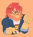  5_fingers anthro blue_clothing blue_shirt blue_topwear brown_eyes ccaimeo clothed clothing ear_piercing eyewear felid fingers fur glasses hair hi_res lion male mammal multicolored_hair open_clothing open_shirt open_topwear pantherine piercing red_hair red_nose shirt simple_background solo tan_background topwear whiskers white_undershirt yellow_body yellow_fur 