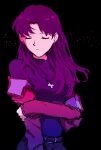  1girl belt black_background breasts closed_eyes cross cross_necklace earrings highres jacket jewelry katsuragi_misato necklace neon_genesis_evangelion purple_hair red_jacket sad shiso7110 simple_background solo 