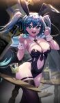  1girl :d absurdres alcohol alternate_breast_size animal_ears bare_shoulders between_breasts black_leotard black_thighhighs blue_eyes blue_hair blue_nails breasts claw_(weapon) cleavage clothing_cutout commentary cowboy_shot cup detached_collar drink drinking_glass english_commentary fake_animal_ears fingernails hatsune_miku highres large_breasts leotard long_fingernails long_hair looking_at_viewer nail navel navel_cutout necktie necktie_between_breasts rabbit_ears red_necktie smile solo strapless strapless_leotard teeth thighhighs twintails u_jin upper_teeth_only very_long_hair vocaloid weapon wrist_cuffs 