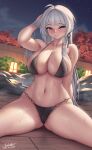  1girl absurdres ahoge azur_lane bikini black_bikini blue_eyes blush braid breasts collarbone english_commentary grey_hair halterneck hand_in_own_hair highres huge_breasts lantern long_hair mainz_(azur_lane) mainz_(the_silkiest_brew)_(azur_lane) navel onsen plant signature spread_legs swimsuit twitter_username wet whitter 