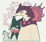  absurdres between_fingers cigarette commentary fire furry half-closed_eyes highres hisuian_typhlosion holding holding_cigarette magicact meowscarada no_humans open_mouth pokemon pokemon_(creature) red_eyes simple_background smoke smoking upper_body white_background 