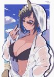  1girl beach bikini black_hair breasts cleavage highres honey_strap hood hood_up kichihachi large_breasts long_hair looking_at_viewer nanashi_inc. navel ocean purple_eyes shimamura_charlotte short_hair solo sunglasses swimsuit virtual_youtuber 