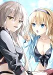  2girls ahoge bikini black_bikini black_jacket blonde_hair blue_eyes blue_jacket blue_sky braid braided_ponytail breasts cleavage collarbone cropped_jacket fate/grand_order fate_(series) grey_hair hairband highres hood hooded_jacket jacket jeanne_d&#039;arc_(fate) jeanne_d&#039;arc_(swimsuit_archer)_(fate) jeanne_d&#039;arc_(swimsuit_archer)_(first_ascension)_(fate) jeanne_d&#039;arc_alter_(fate) jeanne_d&#039;arc_alter_(swimsuit_berserker)_(fate) kino_kokko large_breasts long_hair long_sleeves multiple_girls open_mouth red_thighhighs shrug_(clothing) single_thighhigh sky swimsuit thigh_strap thighhighs tongue tongue_out very_long_hair yellow_eyes 