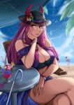  2girls absurdres alear_(female)_(fire_emblem) alear_(fire_emblem) bare_shoulders beach black_headwear blue_hair blue_sky breasts cleavage cloud commentary cup day delicious_brain drinking_glass fire_emblem fire_emblem_engage fire_emblem_heroes flower hand_up hat hat_flower highres ivy_(fire_emblem) large_breasts long_hair looking_at_viewer multicolored_hair multiple_girls parted_lips purple_eyes purple_hair red_flower red_hair sitting sky thighs two-tone_hair very_long_hair 
