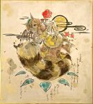  1girl animal_ears brown_background flower futatsuiwa_mamizou glasses highres ikeda_ruriko leaf looking_at_viewer medium_hair moon one_eye_covered raccoon_ears raccoon_girl raccoon_tail smoke solo tail touhou traditional_media 