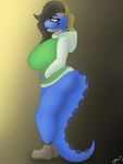  3:4 absurd_res alligator alligatorid anthro avalon_ava big_breasts big_butt blue_body bottomless breasts butt clothed clothing crocodilian female hair hi_res hoodie looking_forward multicolored_hair reptile scalie solo topwear two_tone_hair 