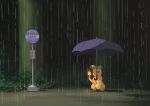  bus_stop bus_stop_sign charmander fadingz fire flame-tipped_tail holding holding_umbrella night no_humans outdoors parody pokemon pokemon_(creature) rain sign signature tonari_no_totoro totoro_bus_stop umbrella 