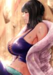  1girl bare_shoulders black_hair breasts cleavage coat crop_top crying crying_with_eyes_open dirty from_side highres huge_breasts medium_hair moriton navel nico_robin one_piece open_clothes open_coat sideboob sitting tears 