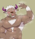  1boy animal_ears bad_id bad_twitter_id bara biceps blush brown_fur chest_hair chest_tuft cow_ears cow_horns cum cum_on_hands cum_string facial_hair furry furry_male goatee hand_up horns large_pectorals long_sideburns looking_at_hand male_focus mature_male minotaur muscular muscular_male nipples no_nipples nude one_eye_closed pectorals purple_eyes purple_horns sanpaku shennong_(housamo) short_hair sideburns solo thick_eyebrows tokyo_afterschool_summoners tongue tongue_out upper_body white_hair yanutorie 