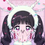  1girl animal_ears black_hair blush commentary_request copyright_request covered_mouth earrings fake_animal_ears hands_up heart heart_earrings heart_in_eye highres jewelry long_hair looking_at_viewer nail_art neki_(wakiko) pink_background purple_eyes rabbit_ears rainbow solo symbol_in_eye thick_eyebrows twintails 