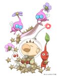  1boy alien backpack bag big_nose black_eyes blanket blue_eyes brown_hair closed_eyes closed_mouth colored_skin commentary_request cookie flower flying food gloves helmet holding holding_blanket holding_cookie holding_food insect_wings leaf naru_(wish_field) no_mouth olimar patch pikmin_(creature) pikmin_(series) pink_flower pink_skin pointy_ears pointy_nose purple_flower radio_antenna red_bag red_eyes red_gloves red_light red_pikmin red_skin shadow short_hair sitting smile solid_circle_eyes space_helmet spacesuit star-shaped_cookie star_(symbol) translation_request very_short_hair whistle white_background white_pikmin white_skin winged_pikmin wings 