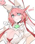  1girl absurdres ahoge animal_ears ascot blue_eyes breasts bridal_veil character_name cleavage_cutout clothing_cutout clover dress elphelt_valentine four-leaf_clover guilty_gear guilty_gear_xrd hairband highres huge_ahoge juliet_sleeves large_breasts long_sleeves looking_at_viewer pink_hair puffy_sleeves short_hair smile spiked_hairband spikes urosu_(678_ner) veil wedding_dress white_ascot 
