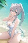  1girl :q animal_ear_fluff animal_ears aone_ioru beach blue_eyes blush breasts casual_one-piece_swimsuit cleavage commentary_request commission covered_navel halterneck highres indie_virtual_youtuber long_hair looking_at_viewer medium_breasts ocean one-piece_swimsuit ponytail ragi_(diabolik_angle) sand sitting skeb_commission solo swimsuit tongue tongue_out tree v very_long_hair virtual_youtuber water white_hair white_one-piece_swimsuit 