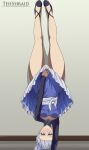  1girl absurdres artist_name bare_legs blue_dress blue_eyes blush braid braided_ponytail breasts clenched_teeth covering covering_crotch dress dress_tug english_commentary frilled_dress frills handstand highres long_hair long_sleeves looking_at_viewer lycoris_challenge_(meme) lycoris_recoil medium_breasts meme one_arm_handstand rwby sash scar scar_across_eye scar_on_face shoes short_dress solo teeth tehshraid thighs upside-down v-shaped_eyebrows weiss_schnee white_hair 