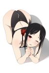  1girl absurdres ass black_hair blush coro_fae cum cum_on_back cum_on_clothes folded_ponytail hair_ribbon highres kaguya-sama_wa_kokurasetai_~tensai-tachi_no_renai_zunousen~ looking_at_viewer one-piece_swimsuit one_eye_closed red_eyes red_ribbon ribbon school_uniform shinomiya_kaguya short_hair shuuchiin_academy_school_uniform sidelocks solo sweat swimsuit 