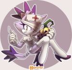  1girl animal_ears bandages blaze_the_cat cat_ears cat_girl cat_tail eyelashes furry furry_female gloves halloween_costume high_heels highres holding holding_knife knife looking_at_viewer nancher nurse one_eye_covered pumpkin purple_footwear sonic_(series) tail thighhighs white_gloves white_thighhighs yellow_eyes 