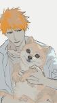  1boy animal bleach brown_eyes brown_shirt collarbone collared_shirt dog highres holding holding_animal kurosaki_ichigo looking_at_animal looking_at_viewer male_focus open_mouth orange_hair shiba_inu shirt sketch undershirt upper_body whiowl white_background white_shirt 