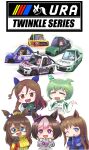  5girls =_= absurdres animal_ears aqua_hair black_gloves black_jumpsuit blue_eyes blue_jumpsuit blush border bow braid breasts brown_eyes brown_hair car chevrolet chevrolet_camaro chibi clenched_hand crossover crown_braid domino_mask driving ear_covers el_condor_pasa_(umamusume) flower ford ford_mustang from_side gloves golden_generation_(umamusume) grass_wonder_(umamusume) green_hair grey_jacket grey_jumpsuit hair_bow hair_flower hair_ornament hand_on_own_cheek hand_on_own_chest hand_on_own_face highres horse_ears horse_girl jacket jumpsuit king_halo_(umamusume) logo_parody long_hair looking_ahead looking_at_viewer looking_to_the_side mask medium_breasts motion_lines motor_vehicle multicolored_hair multiple_girls nascar one_eye_closed one_side_up open_hands open_mouth pennzoil pink_hair purple_bow purple_eyes race_vehicle racecar racing_suit red_jacket sakusan_(ss-awesome) scrunchie seiun_sky_(umamusume) shell_(company) short_hair shrugging small_breasts smile solo special_week_(umamusume) streaked_hair umamusume v-shaped_eyebrows white_background white_border white_hair white_jacket yellow_flower 