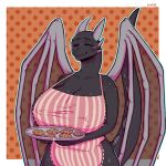  2021 anthro black_body black_scales clothed clothing cookie digital_drawing_(artwork) digital_media_(artwork) dragon drunkrussianman eyes_closed female food hi_res holding_object horn jean_(minecraft) microsoft minecraft mojang scales scalie solo tail watermark wings xbox_game_studios 