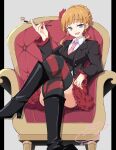  1girl armchair beatrice_(umineko) black_footwear black_jacket blonde_hair blue_eyes blunt_bangs boots chair collared_shirt commentary crossed_legs fangs feet_out_of_frame flower frilled_sleeves frills hair_bun hair_flower hair_ornament hand_up highres holding holding_smoking_pipe jacket knee_boots long_sleeves looking_at_viewer necktie open_mouth pink_necktie red_flower shirt sidelocks single_hair_bun sitting smile smirk smoking_pipe solo striped striped_thighhighs teeth thighhighs thighs twitter_username umineko_no_naku_koro_ni upper_teeth_only usetsusakon2 white_shirt 