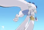  2021 3_toes alternate_version_at_source ambiguous_gender bandage blue_background dez_(rcar) feet feral flying foot_focus generation_2_pokemon gradient_background half-closed_eyes hi_res legendary_pokemon looking_at_viewer looking_back looking_back_at_viewer lugia narrowed_eyes nintendo pokemon pokemon_(species) schizy simple_background smile smiling_at_viewer smirk smirking_at_viewer solo toes white_body 