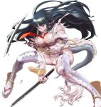  1girl arm_guards ass ass_visible_through_thighs black_hair blunt_bangs blush breasts broken broken_sword broken_weapon cameltoe claws cleavage copyright_request dragon_tail highres hime_cut holding holding_sword holding_weapon katana leotard long_hair long_sleeves necktie okobo one_eye_closed open_mouth puffy_sleeves red_necktie simple_background solo sword tail thighhighs thighs torn_clothes very_long_hair weapon white_background zunta 