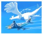  aircraft airplane black_eyes border character_print commentary_request day flying highres lugia no_humans open_mouth outdoors pikachu pokemon pokemon_(creature) totodile waniwani_(hyda7523) white_border 