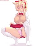  1girl animal_ears blonde_hair blush bow bowtie breasts cat_ears cat_girl closed_mouth clothes_lift commentary covered_nipples english_commentary full_body hair_ornament hairclip highres large_breasts long_hair long_sleeves nottytiffy original panties patreon_username ponytail red_bow red_bowtie red_eyes red_skirt shirt sidelocks simple_background skirt skirt_lift smile solo squatting striped striped_panties thighhighs thighs tiffy_(nottytiffy) underwear white_background white_shirt white_thighhighs 