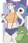  1girl alternate_costume breasts closed_mouth cosplay dc_comics denim denim_shorts english_commentary exmile hand_on_own_hip highres holding holding_poke_ball misty_(pokemon) misty_(pokemon)_(cosplay) navel poke_ball poke_ball_(basic) pokemon pokemon_(anime) pokemon_(classic_anime) ponytail psyduck psyduck_(cosplay) purple_eyes purple_hair raven_(dc) shorts starro_the_conqueror staryu staryu_(cosplay) suspenders tank_top teen_titans thick_thighs thighs yellow_tank_top 