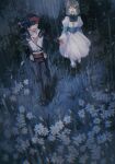  1boy 1girl absurdres armor black_hair boots clive_rosfield crying dress final_fantasy final_fantasy_xvi flower frilled_sleeves frills gloves grey_hair highres holding_hands jill_warrick open_mouth pudding49500 rain red_gloves short_hair shoulder_armor wet 