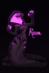  anthro apode black_background black_body breasts clawed_fingers claws draconcopode featureless_breasts female glowing glowing_claws glowing_markings hi_res legless looking_at_viewer markings multicolored_body naga non-mammal_breasts pink_markings proxicute reflective_floor reptile ristal scalie serpentine simple_background smile snake snake_hood solo tail thick_tail tiny_waist two_tone_body wide_hips 