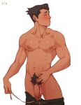  1boy avatar_legends bara black_hair blush bolin green_eyes highres looking_at_viewer male_focus manlyhand meme muscular muscular_male navel nipples nude pectorals penis short_hair solo the_legend_of_korra thick_eyebrows twitter_strip_game_(meme) 