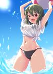  1girl arms_up ball beachball bikini black_bikini blue_sky breasts cloud green_hair highres idolmaster idolmaster_million_live! large_breasts nagayoshi_subaru navel nayan70 open_mouth red_eyes see-through shirt short_hair sky smile solo standing swimsuit teeth tied_shirt upper_teeth_only wading water wet wet_clothes wet_shirt 