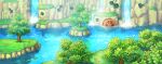  artist_request commentary day english_commentary flower fushigi_no_dungeon game_cg grass no_humans official_art outdoors pink_flower pokemon pokemon_(game) pokemon_mystery_dungeon reflection reflective_water river scenery third-party_source tree water water_wheel waterfall wide_shot window 