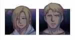  1boy 1girl annie_leonhardt blonde_hair blue_eyes commentary facial_hair goatee hair_over_one_eye highres hood hoodie reiner_braun shingeki_no_kyojin sweatdrop symbol-only_commentary white_hoodie yanglao_paopaoren yellow_eyes 