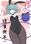  1girl 2023 animal_ears black_bow black_bowtie black_leotard black_pantyhose bow bowtie breasts chinese_zodiac cleavage detached_collar egasumi fishnet_pantyhose fishnets gradient_background green_eyes green_hair heart heart_of_string highres komeiji_koishi kuro_wa_shinoru leotard looking_at_viewer medium_breasts open_mouth pantyhose pink_background playboy_bunny rabbit_ears short_hair solo third_eye touhou wrist_cuffs year_of_the_tiger 