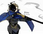  1boy aiguillette belt black_belt black_gloves black_jacket black_pants blue_cape brown_hair buttons cape der_freischutz_(lobotomy_corporation) gloves gun holding holding_gun holding_weapon humanization jacket lobotomy_corporation looking_to_the_side male_focus nishikujic pants personification project_moon rifle simple_background smoke smoking_pipe solo weapon white_background 