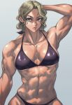  1girl abs arm_behind_head bikini blonde_hair breasts cleavage frown green_eyes highres large_breasts looking_at_viewer mikel_(4hands) muscular muscular_female original solo swimsuit 